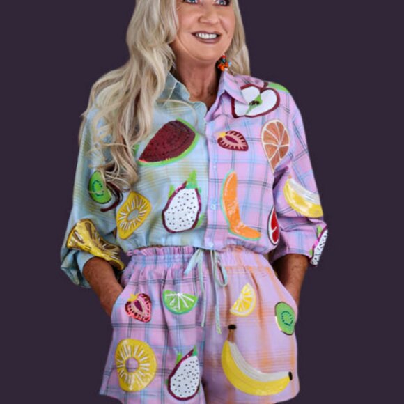 NWT Queen of Sparkles Colorblock Plaid Fruit Button Up Collar Long Sleeve Top - Picture 6 of 6